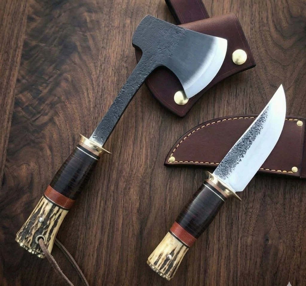 Custom Handmade D2 Steel Blade Stag Handle Bowie Knife & Hunting Axe , Camping