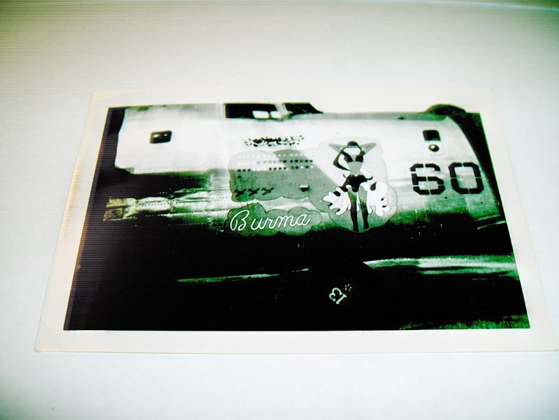 WWII black & white original photos of B-24 of 'BURMA' nose art