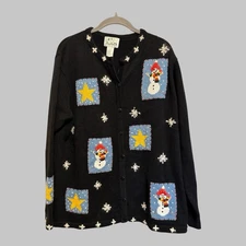 The Quacker Factory Holiday Embroidered Patchwork Button Up Cardigan Sweater L