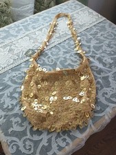 Gold Tone Net Sequin Beaded Lined Pocket Women's Evening Shoulder Handbag G 14