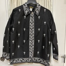 Vintage Bob Mackie Women  s Medium Black 100 Silk Blouse w/White Embroidery Open