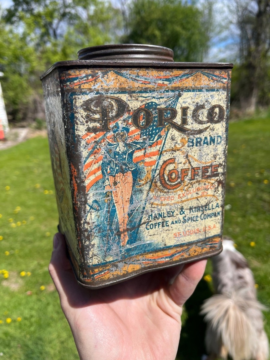 Antique Uncle Sam Americana c1920 Victorian Porico Coffee Tin Can