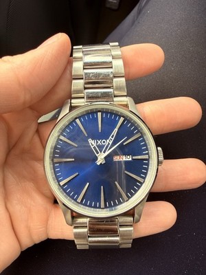 Nixon ''Sentry Solar SS'' Watch (Navy Sunray/Silver) Stainless Steel Analog Watch