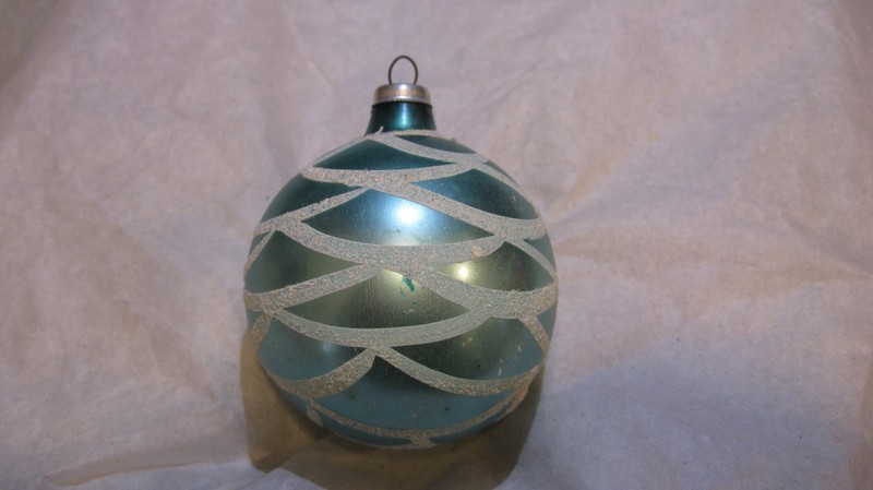 Vintage Christmas Satin Teal Glass Ball Ornament Mica Snow Accents