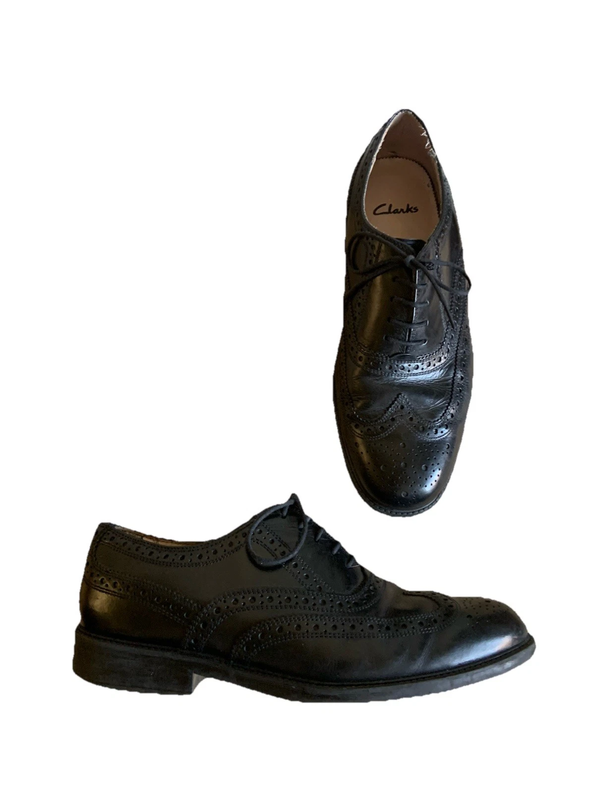 Scarpe Clarks Oxford Brogue nere in pelle stringate taglia 8 extra larghe ex condizioni