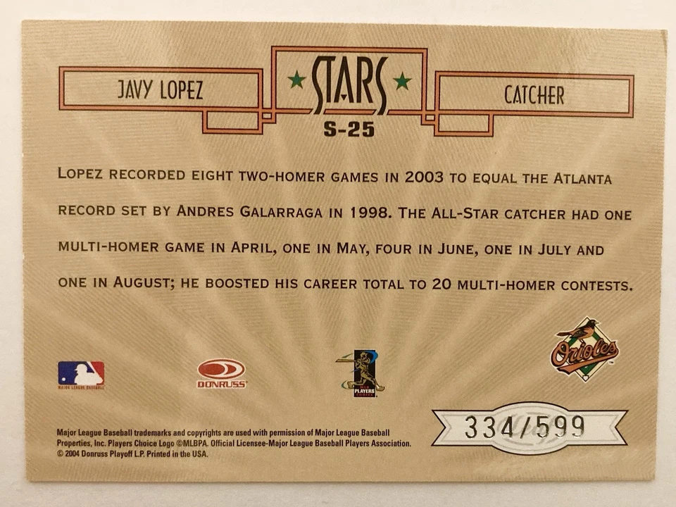2004 Leaf Certified Cuts Stars #S-25 JAVY LOPEZ /599 Orioles SP - Image 2 of 2