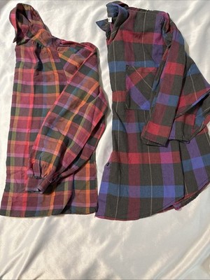 Lot 2 Button Front Womens Shirt Size M Multi Color Plaid Puffy Sleeve Padded