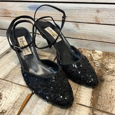 Vintage Grandeur Black Sequin Beaded Slingback Kitten Heels Evening Shoes 9B