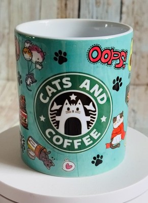 Lustige Katze Tasse - grün mit süßen Katzenaufklebern | Kaffeeliebhaber Geschenk | Katze Dame Tasse