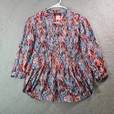 Cocomo Top Blouse Women Medium Petite Stretch 3/4 Sleeve Geometric Multicolor