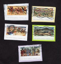 #5372-6 Post Office Murals Stamps, Used Se-Tenent Set of 5, Forever, On Paper