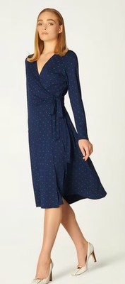 L.K. Bennett Navy Green Polka Dot Wrap Midi Dress V-Neck Tie Long Sleeve US 8