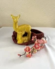 1950's MCM Shawnee Pottery 6" Deer Planter Vase with Fawn #669 Yellow and Maroon