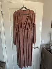 Boohoo Rose Pink Plisse Pleated Long Sleeve Wide Leg Jumpsuit - UK 16