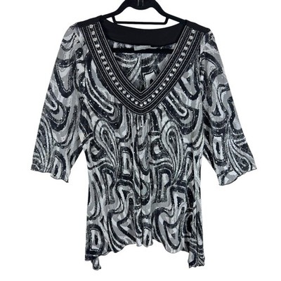 Essentials V-Neck 3/4 Sleeve Accordion Asymmetrical Hem Studded Shimmery Top OX