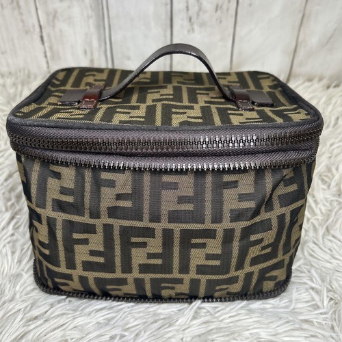 Fendi Zucca Vanity Pouch Leather Brown Logo Used - Picture 2 of 18