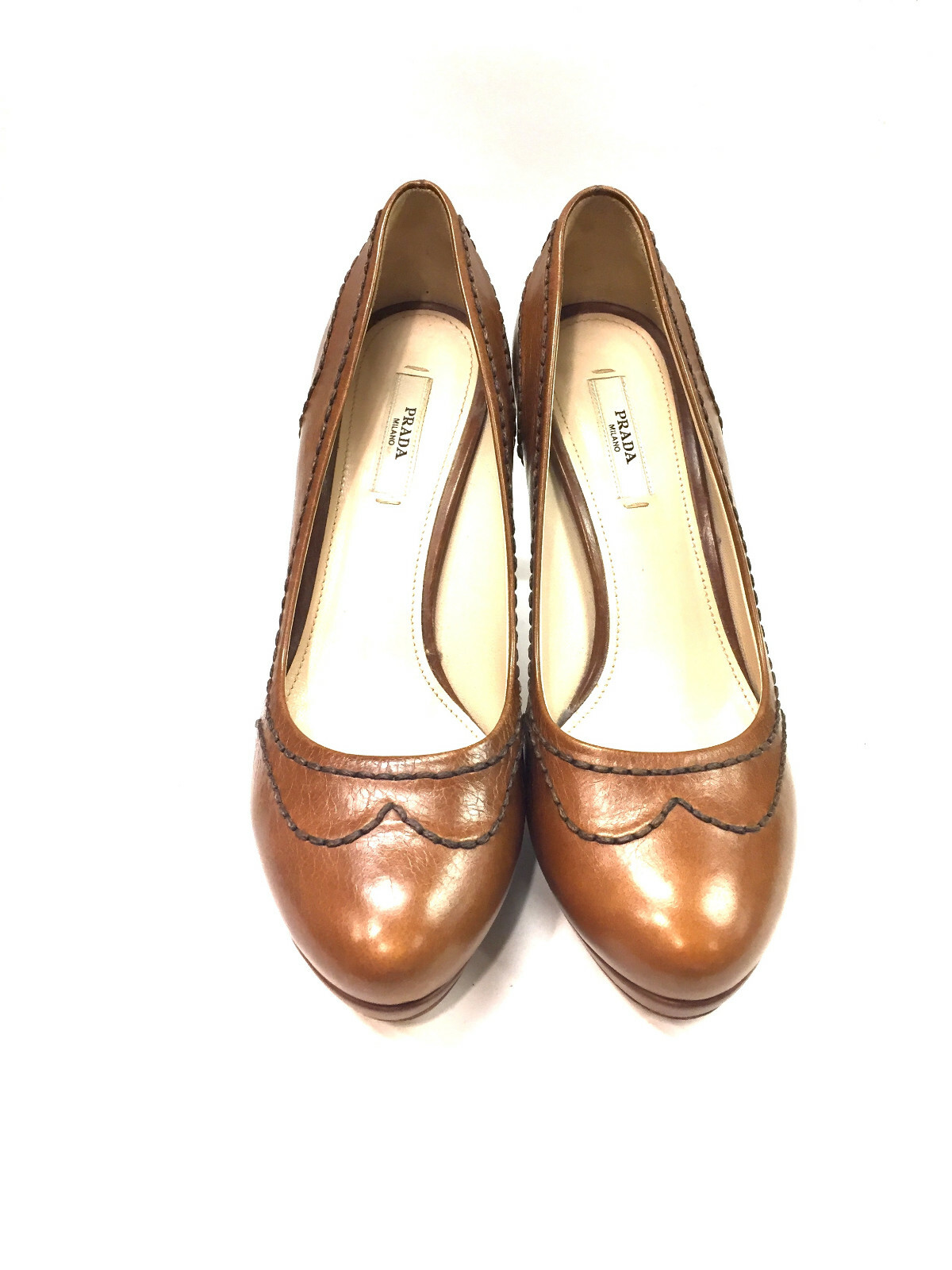 PRADA Tan Leather Rounded-Toe Stitching Accent Pl… - image 2