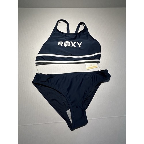 NWT Roxy Girls Perfect Surf Crop Top Bikini Swim Set Size 10 Navy White Logo - Picture 2 of 7