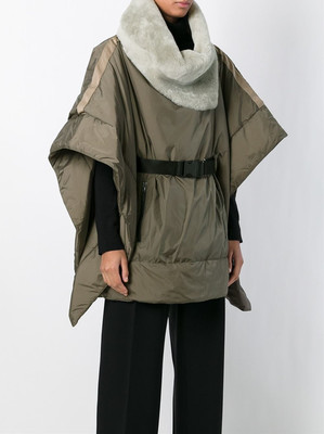 HACHE WOMEN OVERSIZE CAPE REAL FUR COLLAR KHAKI NWT! ITALIAN MADE SIZE 42 (US 8)
