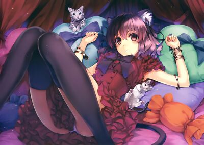 Anime girls animal ears dress cat girl tail long hair Playmat Gaming Mat Desk
