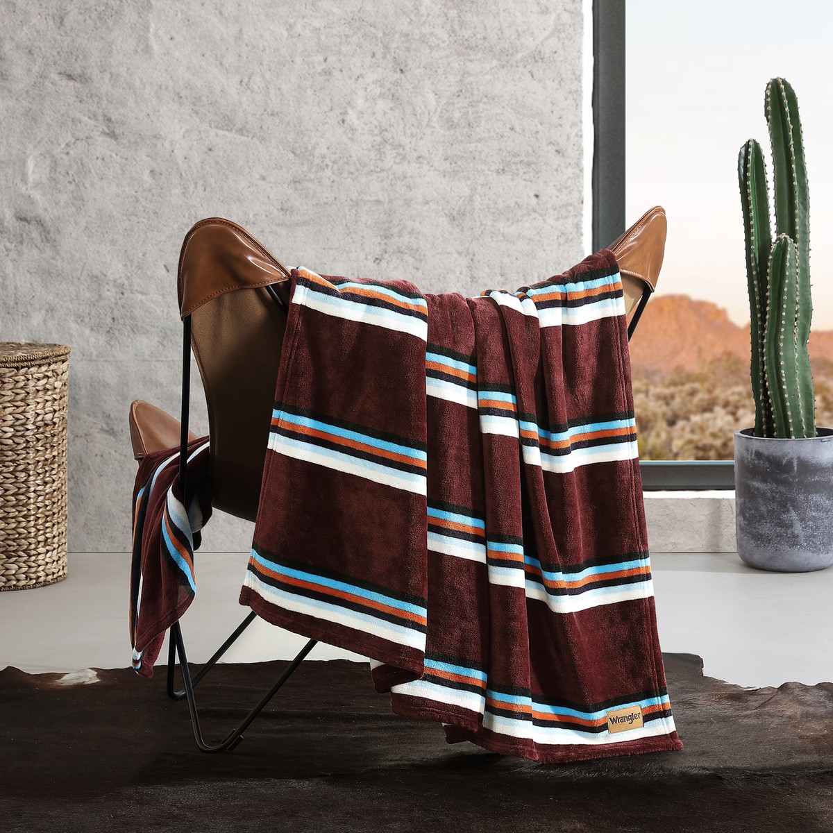 Wrangler Western Saddle Stripe Plush-Fleece Deep Red Blanket-Full/Queen