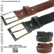 Unisex Black Tan 30mm Full Real Leather Square Silver Buckle Belt Made UK