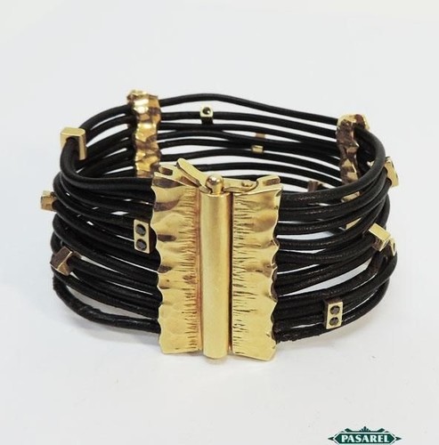 14K Gold & Leather Black Diamond Wide Designer Bracelet - 第 1/7 張圖片