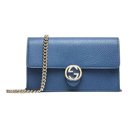 Gucci GG Interlocking Caspian Blue Leather Crossbody Wallet on Chain Bag