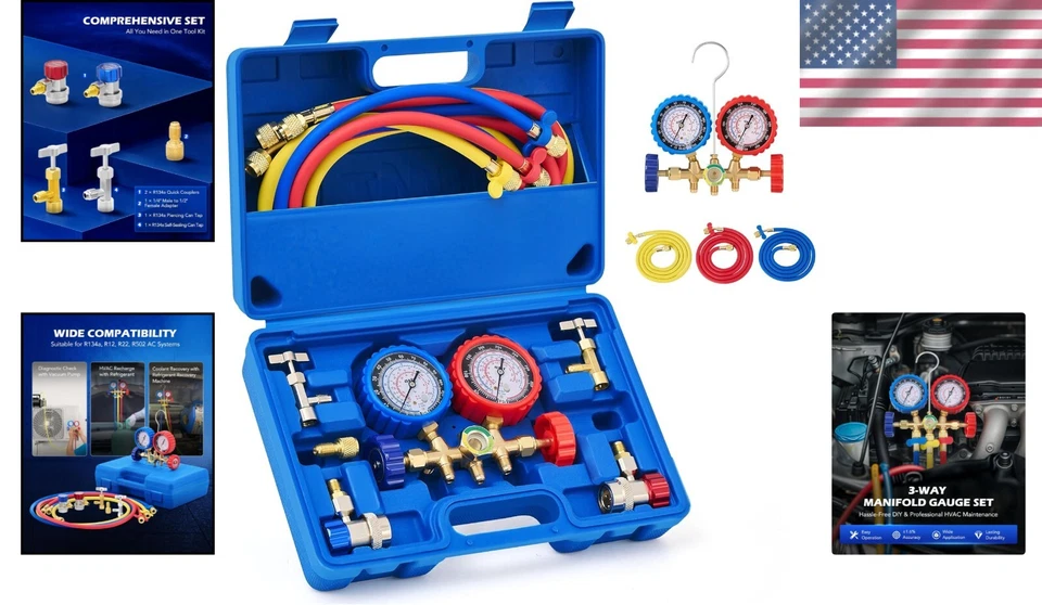 Juego de manómetros de CA profesionales para R134a, R12, R502 con mangueras y adaptadores Foto 2 de 4
