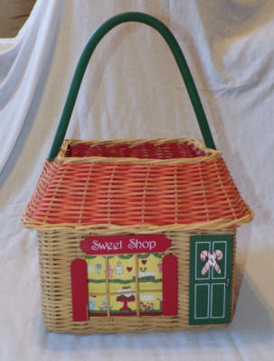VTG Wicker Woven Christmas Village Sweet Candy Shop Building Decorative Basket