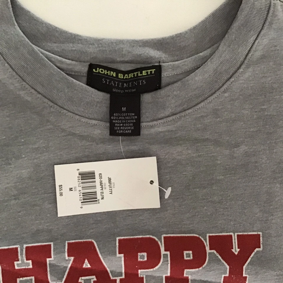 John Bartlett Statements Hombres Ropa de Dormir Camiseta Gris Med Feliz Elfo’n Vacaciones Nuevo con Etiquetas Foto 3 de 4