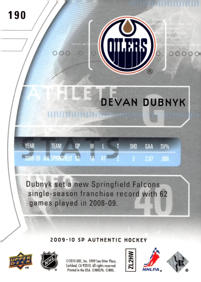 Devan Dubnyk - Signed 2009-10 SP Authentic Future Watch /999 Rookie Card #190 - Image 2 of 2