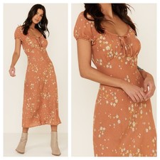 Nikki Erin Size Large L Orange Floral Print Cap Sleeve Peasant Midi Slip Dress