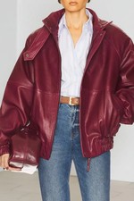 Women’s Oversized Maroon Leather Bomber Jacket Genuine Lambskin High Collar Jack