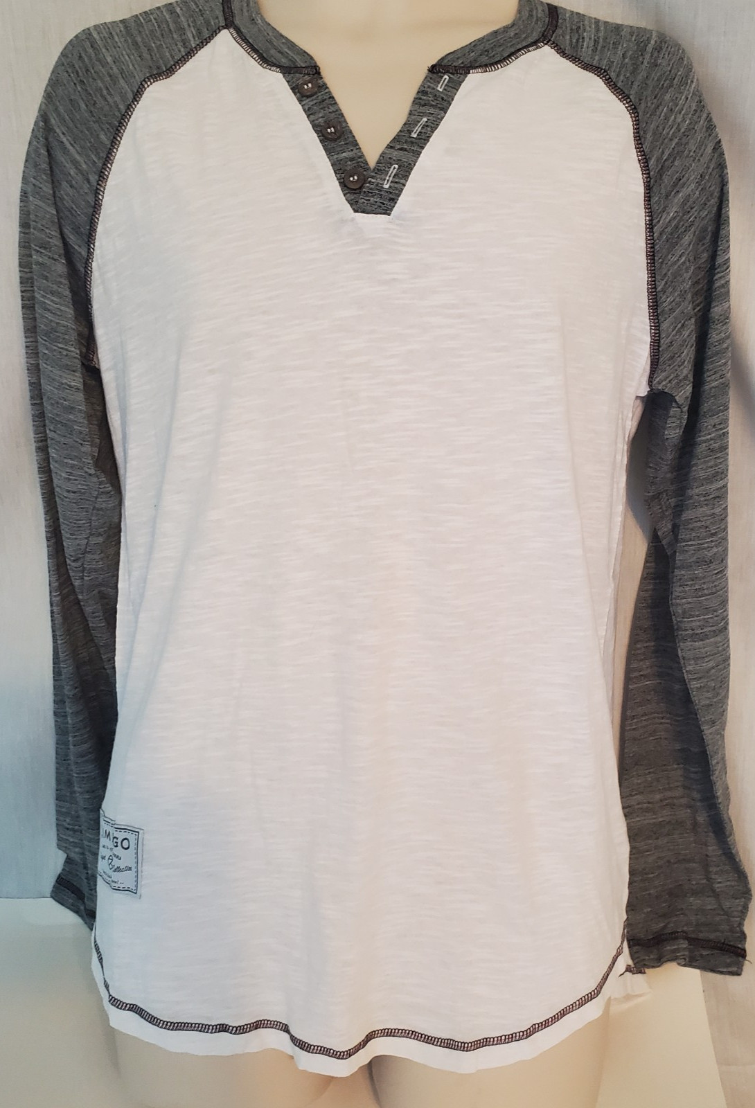 ZIMEGO Mens Long Sleeve T-Shirt V-Neck Casual Henley White Gray SZ Lg New