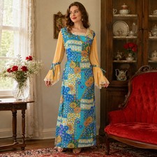 70s Handmade Prairie Maxi Dress, Patchwork Print Boho Bell Sleeve Folk Dress - L