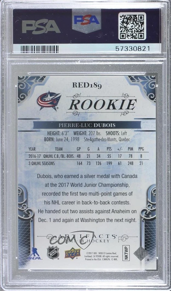 2017 Artifacts Rookie Redemptions /799 Pierre-Luc Dubois #RED189 PSA 9 MINT RC - Image 2 of 2