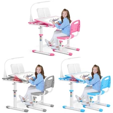 Pink/Blue/Gray Height Adjustable Kids Desk & Chair Set Study Table w/Lamp,Drawer