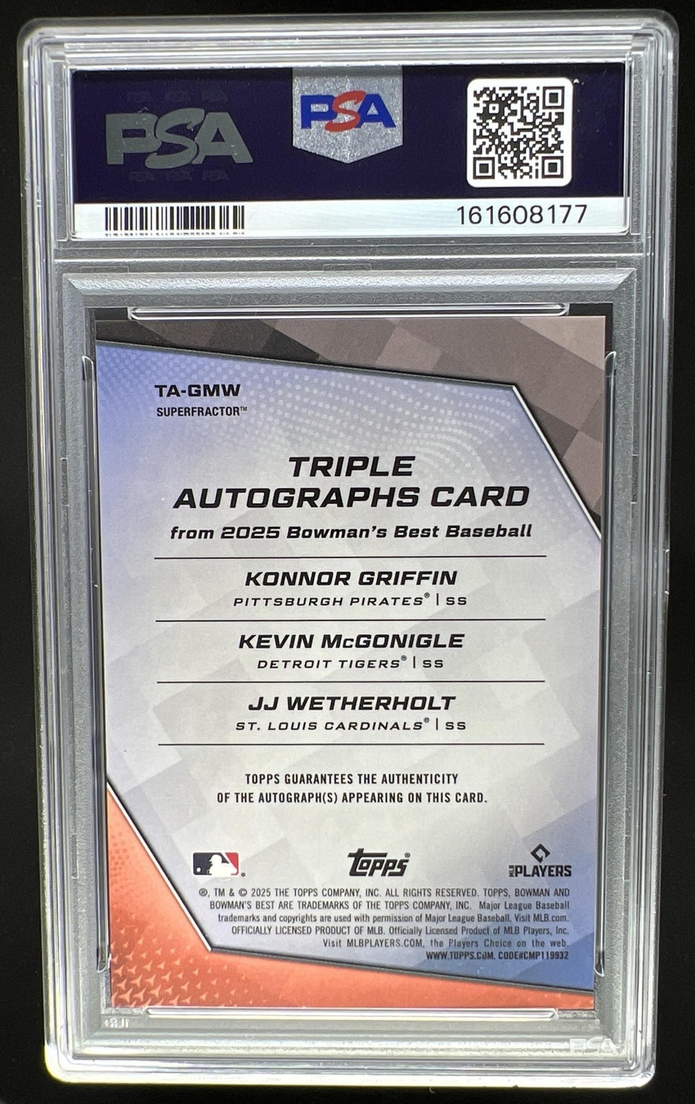 2025 Bowman's Best McGonigle JJ Wetherholt Griffin Auto SuperFractor #1/1 PSA 10 view 2