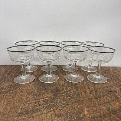 Luminarc France Silver Rim Laurel Leaf Etched Sherbet Champagne Stemware Glasses