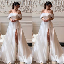 Off Shoulder Wedding Dresses with Slit Lace up Dreamy White Ivory Bridal Gowns