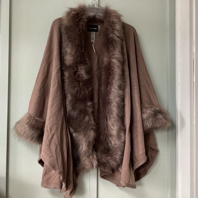 Dolce Cabo Women Faux Fur Collar Cardigan Poncho Brown Poncho One Size