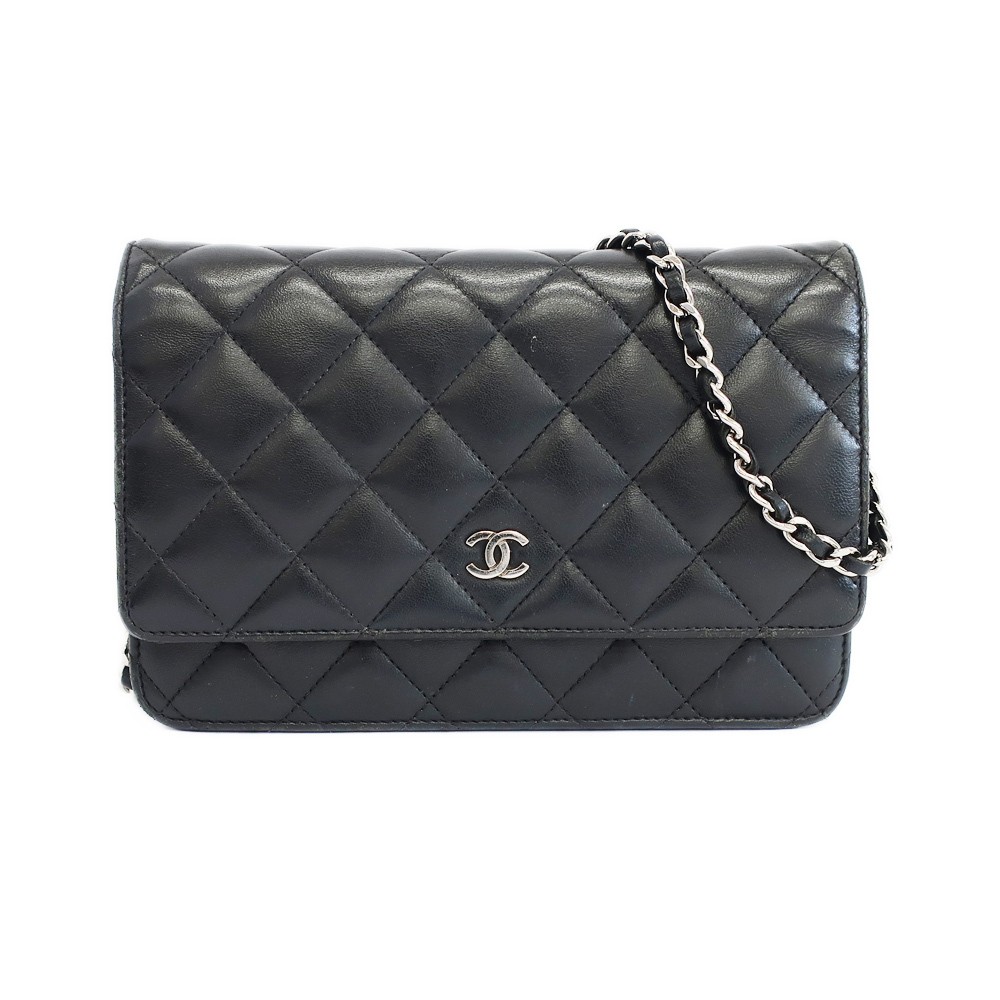 CHANEL Lambskin Matelasse Wallet on Chain Shoulder Bag Black with Silver Hardware