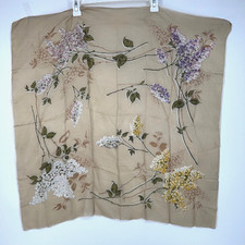 Vintage Square Scarf Beige Green Pink Purple Lilac Floral Print Hand Finished