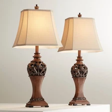 Exeter Traditional Table Lamps 30" Tall Set of 2 Wood Bronze Carved Creme Shade