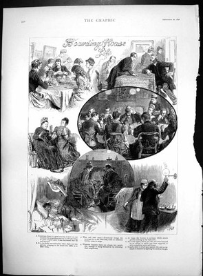 Old Print Boarding House Life Sketches Scarcity Men Gaslight Candles 1890 19th
