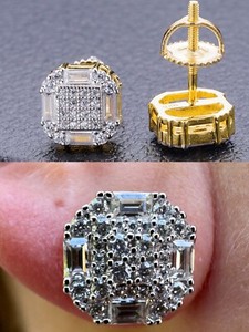 Authentic Screwback Earrings Real 14k Gold Plated 925 Silver CZ Baguette Iced Studs HipHop