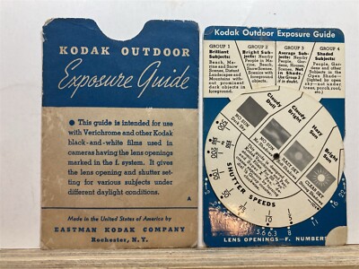 1930's 1940's Kodak Outdoor Exposure Guide Card Photography Pictures Vtg