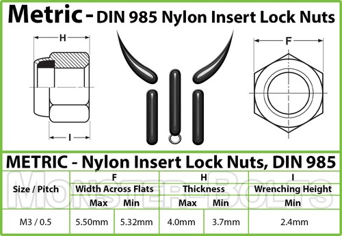 M3 - Cantidad a granel 2.500 - Tuercas de bloqueo de inserción de nailon métricas DIN 985 acero con óxido negro - Imagen 3 de 3