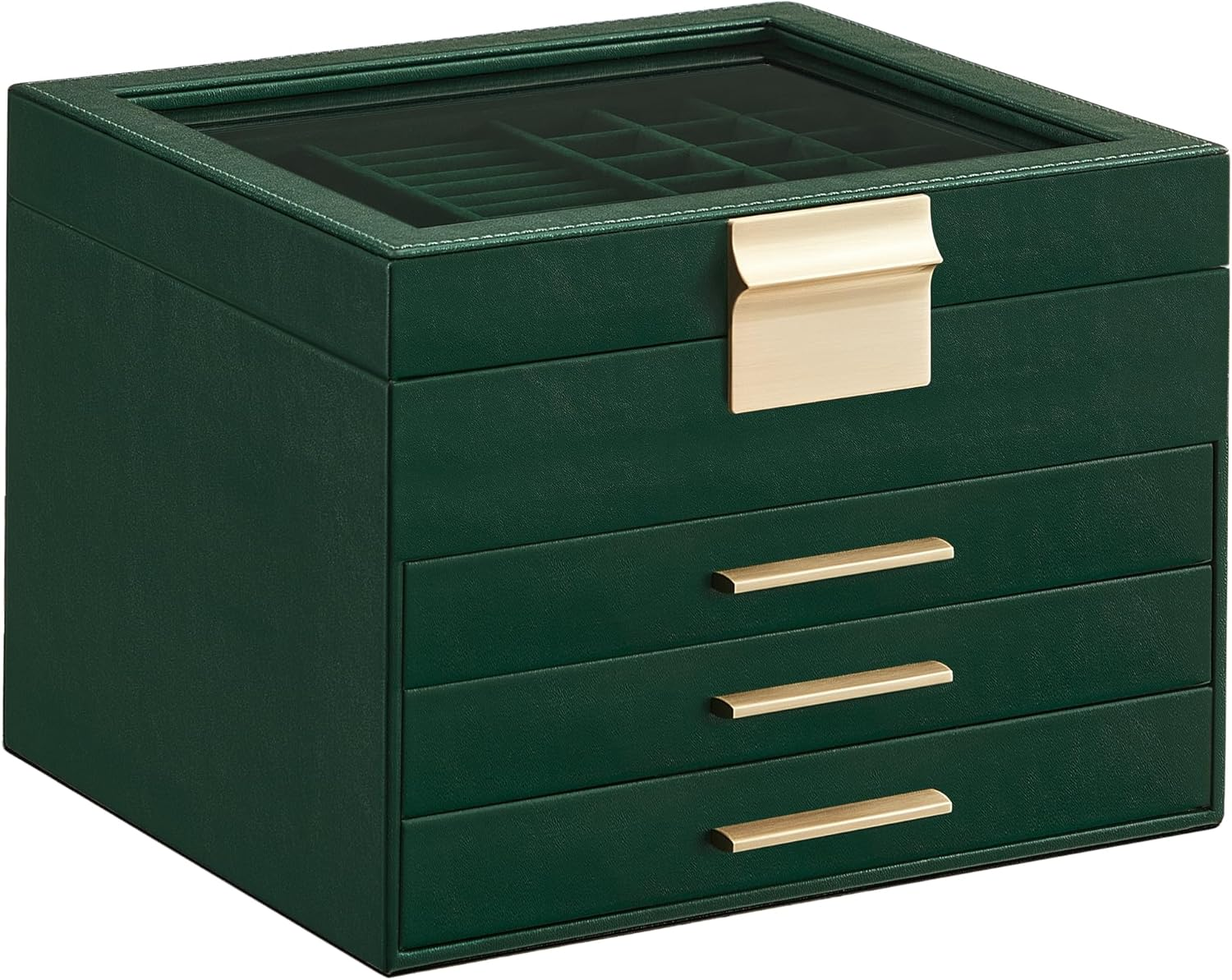 Jewelry Box with Glass Lid, 4-Layer Jewelry Organizer, 3 Drawers, for Big and Sm-image